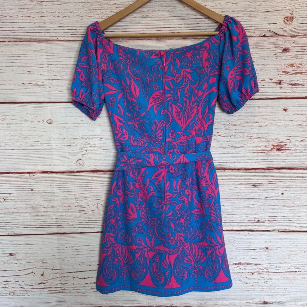 Lilly Pulitzer Jada Off The Shoulder Romper in Aura Pink Leaf An Impression Sz 2 - Picture 12 of 16